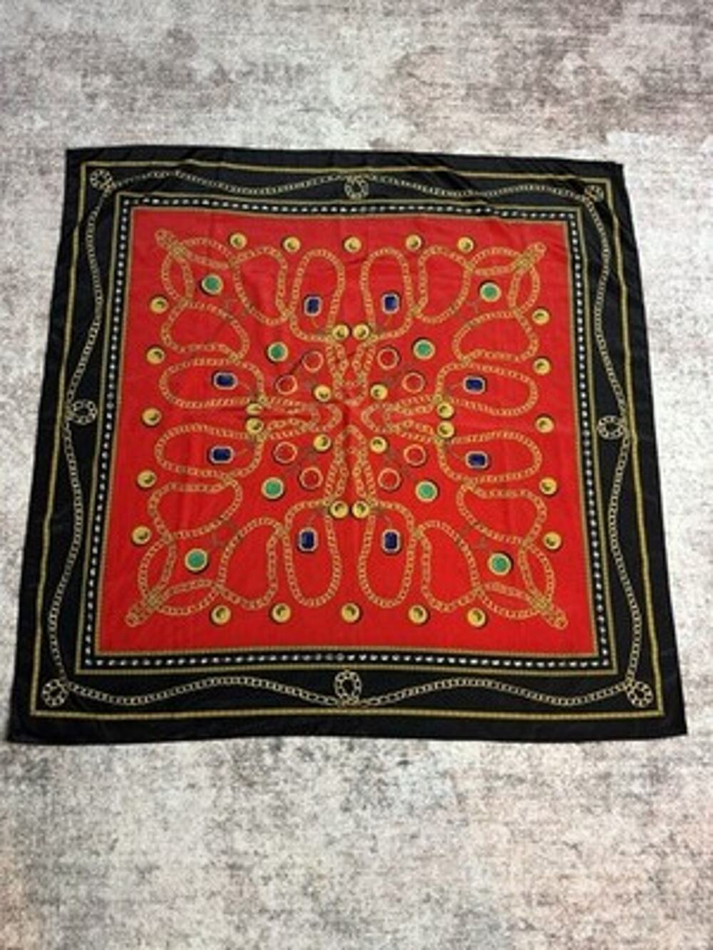 Vintage Square 35” Scarf Red Black Gold Chain Link Coin Jewel Print Silk Crest